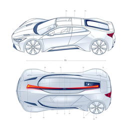 A detailed blueprint of an innovative car concept showcasing the front, back, and top views