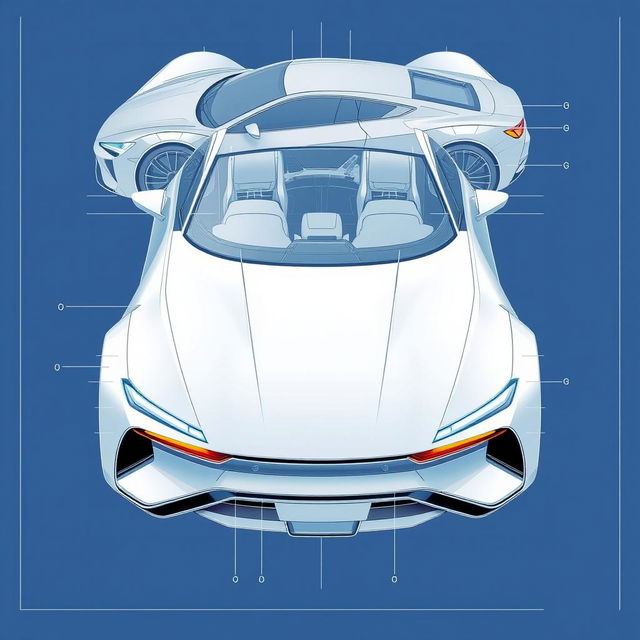 A detailed blueprint of an innovative car concept showcasing the front, back, and top views