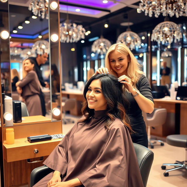 A woman in a beauty salon receiving a pampering beauty treatment, showcasing a lively and luxurious atmosphere