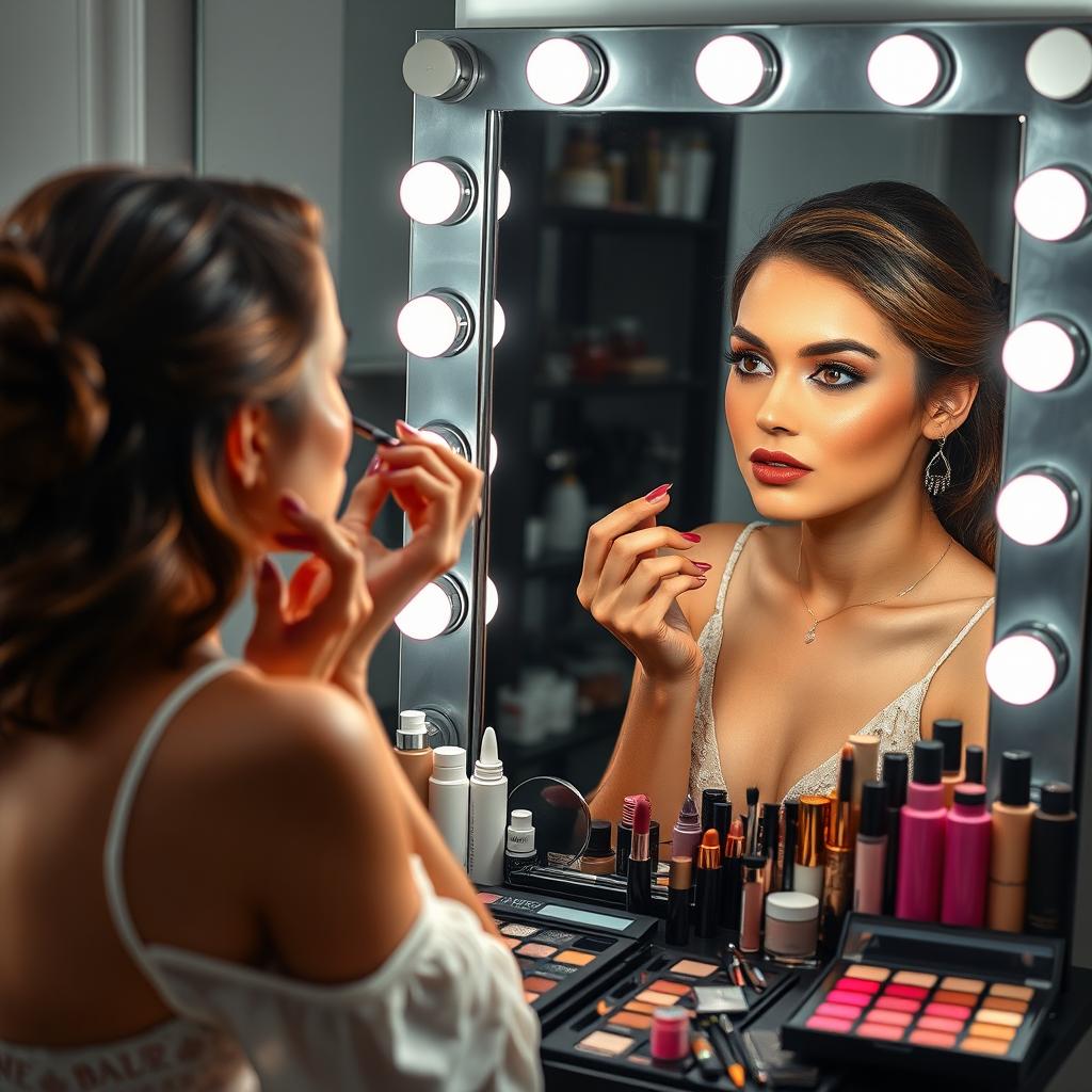 A woman applying makeup in front of a mirror, surrounded by an array of colorful cosmetics