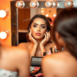 A woman applying makeup in front of a mirror, surrounded by an array of colorful cosmetics