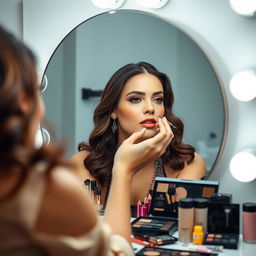 A woman applying makeup in front of a mirror, surrounded by an array of colorful cosmetics