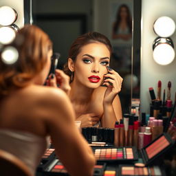 A woman applying makeup in front of a mirror, surrounded by an array of colorful cosmetics