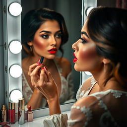 A woman applying vibrant red lipstick with precision, highlighting her elegant lips and confident expression