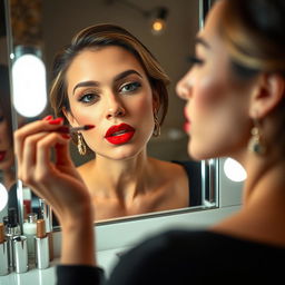 A woman applying vibrant red lipstick with precision, highlighting her elegant lips and confident expression