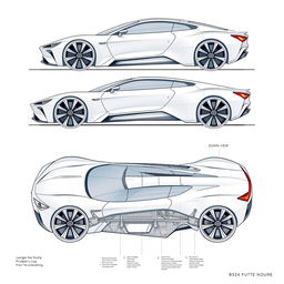 A complete blueprint of a futuristic car concept, featuring views from front, back, up, down, left, and right