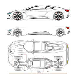 A complete blueprint of a futuristic car concept, featuring views from front, back, up, down, left, and right