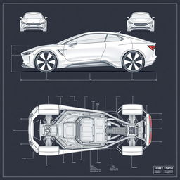 A complete blueprint of a futuristic car concept, featuring views from front, back, up, down, left, and right