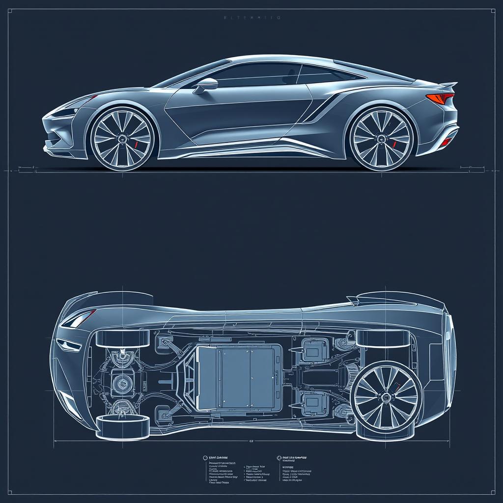 A complete blueprint of a futuristic car concept, featuring views from front, back, up, down, left, and right