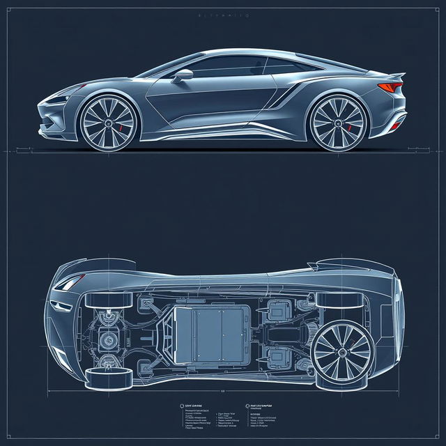 A complete blueprint of a futuristic car concept, featuring views from front, back, up, down, left, and right