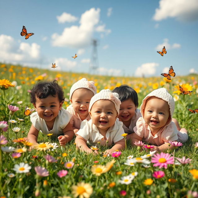 A picturesque scene featuring adorable and beautiful babies of different ethnicities, all playfully crawling and giggling together in a sunny meadow filled with colorful flowers