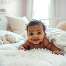 A single beautiful baby of mixed heritage, laying on a soft, fluffy white blanket