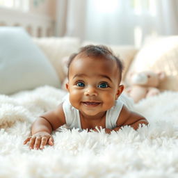 A single beautiful baby of mixed heritage, laying on a soft, fluffy white blanket