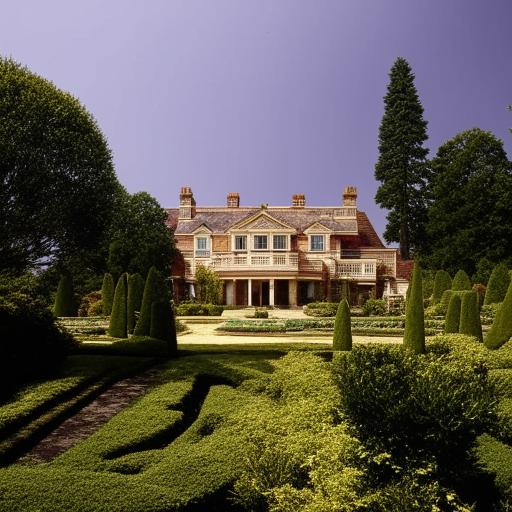 A grand, elegant house with finely detailed architecture, surrounded by a lush, serene garden under a bright, clear sky