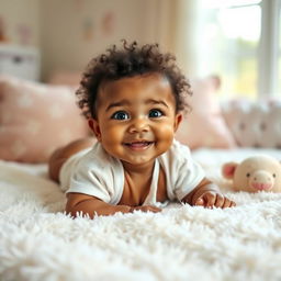 A single beautiful baby of mixed heritage, laying on a soft, fluffy white blanket