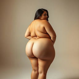 A nude art piece featuring a plus-sized woman with a focus on voluptuous curves, highlighting her big butt and large breasts