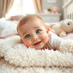 A single beautiful baby with striking green eyes, laying on a soft, fluffy white blanket