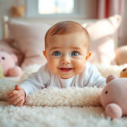 A single beautiful baby with striking green eyes, laying on a soft, fluffy white blanket