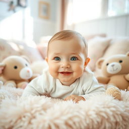 A single beautiful baby with striking green eyes, laying on a soft, fluffy white blanket