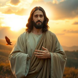 A serene and divine portrayal of Jesus Christ, depicted with gentle and compassionate eyes, wearing traditional robes