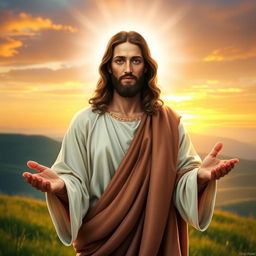 A serene and divine portrayal of Jesus Christ, depicted with gentle and compassionate eyes, wearing traditional robes