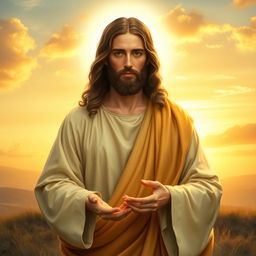 A serene and divine portrayal of Jesus Christ, depicted with gentle and compassionate eyes, wearing traditional robes