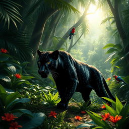 A majestic black panther with a unique dotted skin pattern gracefully prowling through a lush jungle