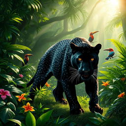 A majestic black panther with a unique dotted skin pattern gracefully prowling through a lush jungle