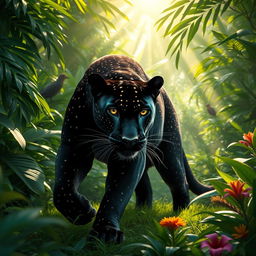 A majestic black panther with a unique dotted skin pattern gracefully prowling through a lush jungle