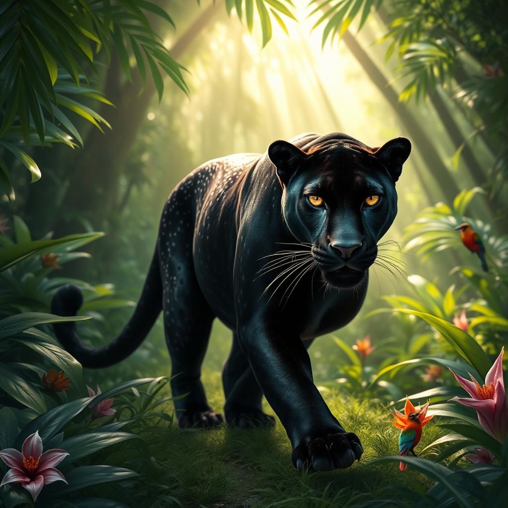 A majestic black panther with a unique dotted skin pattern gracefully prowling through a lush jungle