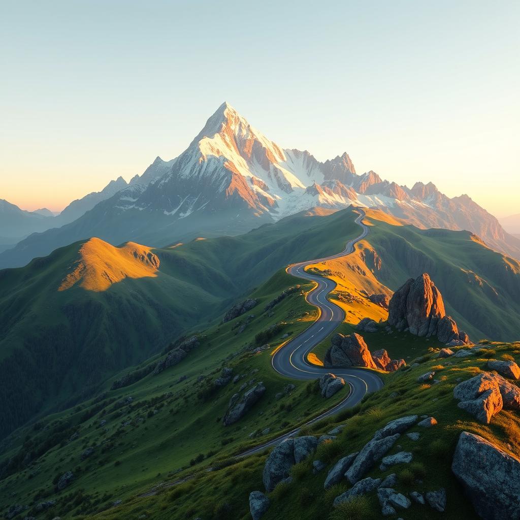 A 3D landscape featuring a majestic mountain with a long, winding road snaking through the terrain