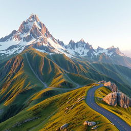 A 3D landscape featuring a majestic mountain with a long, winding road snaking through the terrain