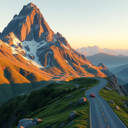 A 3D landscape featuring a majestic mountain with a long, winding road snaking through the terrain