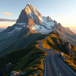 A 3D landscape featuring a majestic mountain with a long, winding road snaking through the terrain