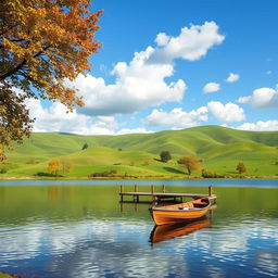 A serene landscape featuring rolling green hills under a blue sky with fluffy white clouds