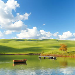 A serene landscape featuring rolling green hills under a blue sky with fluffy white clouds