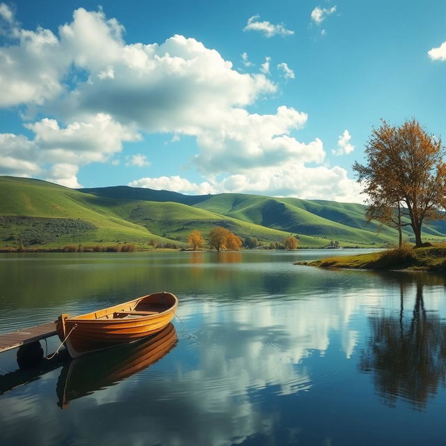 A serene landscape featuring rolling green hills under a blue sky with fluffy white clouds