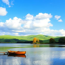 A serene landscape featuring rolling green hills under a blue sky with fluffy white clouds