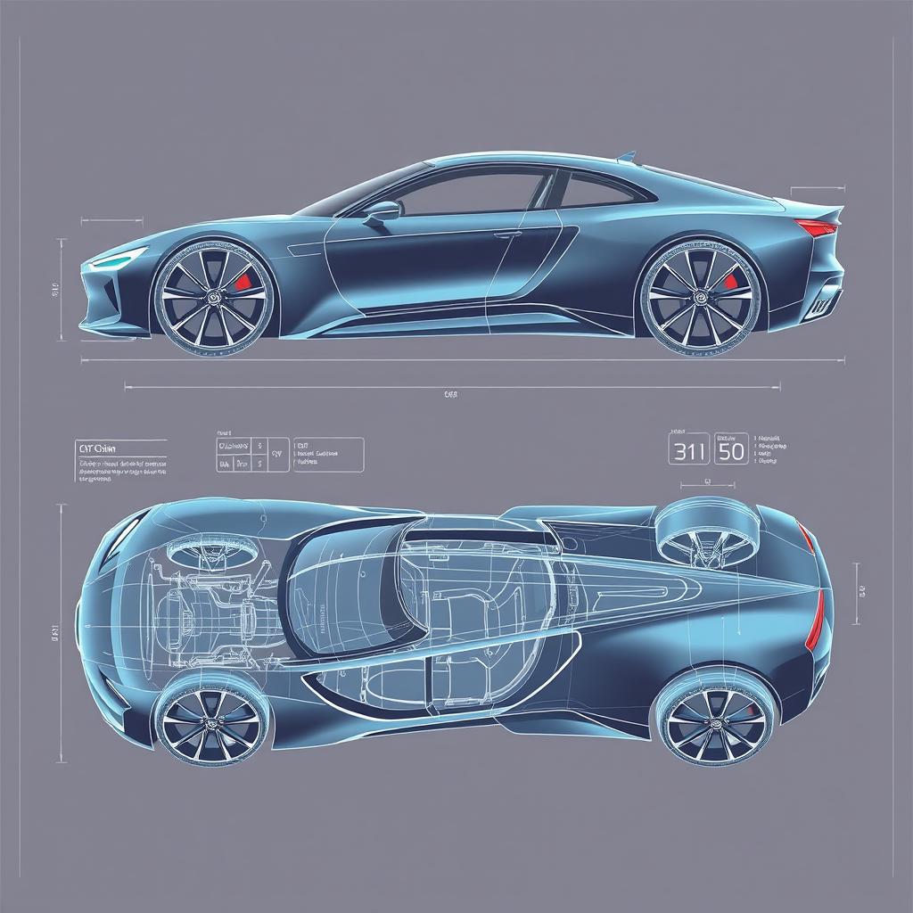 A comprehensive car blueprint showcasing a futuristic concept vehicle from multiple angles, including right, left, front, back, top, and bottom views