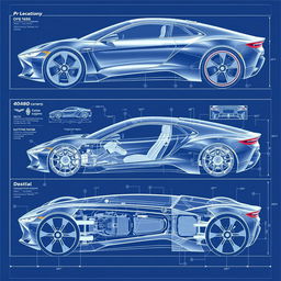 A comprehensive car blueprint showcasing a futuristic concept vehicle from multiple angles, including right, left, front, back, top, and bottom views