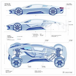 A comprehensive car blueprint showcasing a futuristic concept vehicle from multiple angles, including right, left, front, back, top, and bottom views