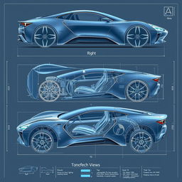 A comprehensive car blueprint showcasing a futuristic concept vehicle from multiple angles, including right, left, front, back, top, and bottom views