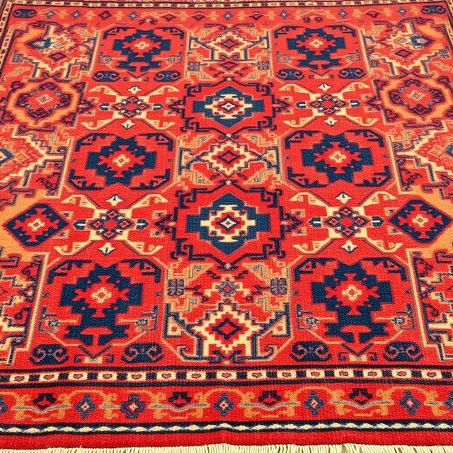 a classic Turkish rug with intricate tribal patterns and vivid colors