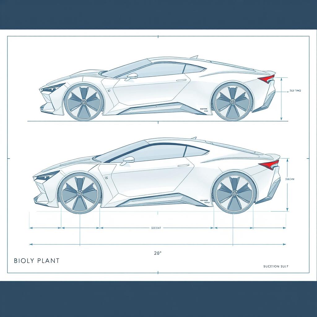 a futuristic car body concept blueprint, showcasing sleek aerodynamic lines and innovative design features