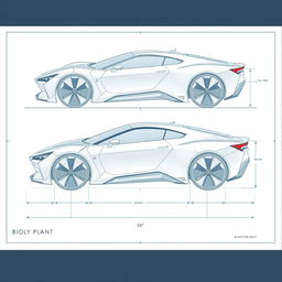 a futuristic car body concept blueprint, showcasing sleek aerodynamic lines and innovative design features