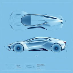 a futuristic car body concept blueprint, showcasing sleek aerodynamic lines and innovative design features