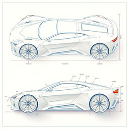 a futuristic car body concept blueprint, showcasing sleek aerodynamic lines and innovative design features