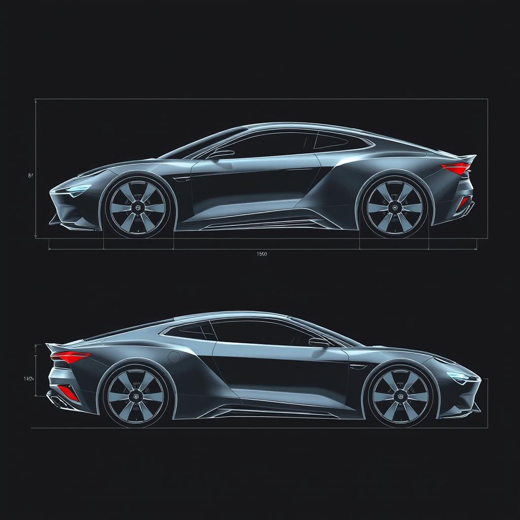 a comprehensive car body concept blueprint, showcasing front view, back view, left side view, and right side view