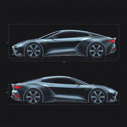 a comprehensive car body concept blueprint, showcasing front view, back view, left side view, and right side view