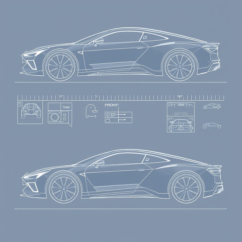 a comprehensive car body concept blueprint, showcasing front view, back view, left side view, and right side view